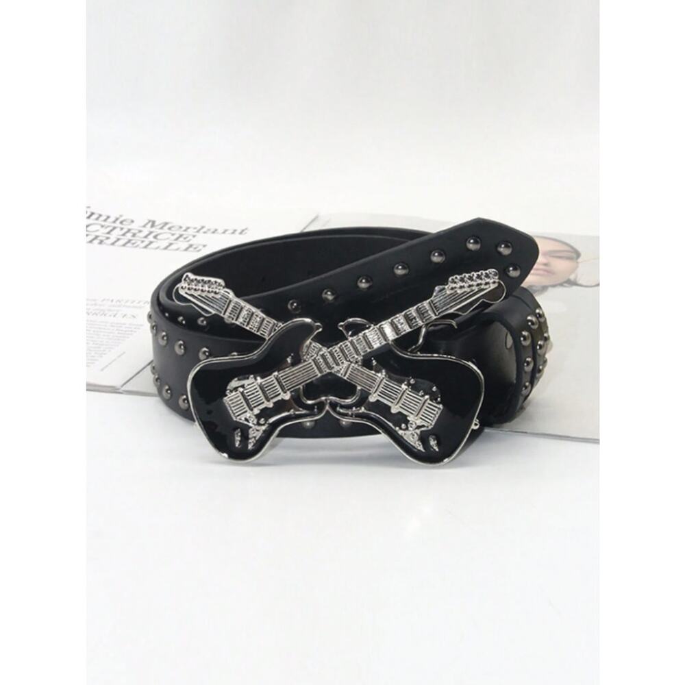 Black Guitar Buckle Studded Belt Punk Rock Gothic Y2K Streetwear Waist Belt